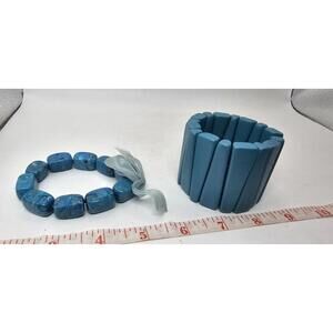Vintage Set of 2 Blue Catalin & Wood Stretch Bracelets | Ribbon Detail